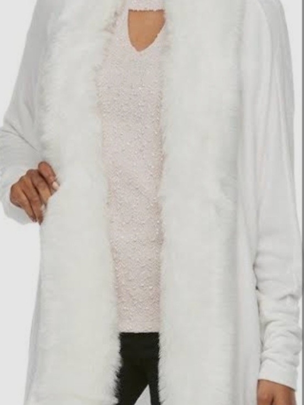 Jennifer Lopez White Faux-Fur Trim Open Cardigan